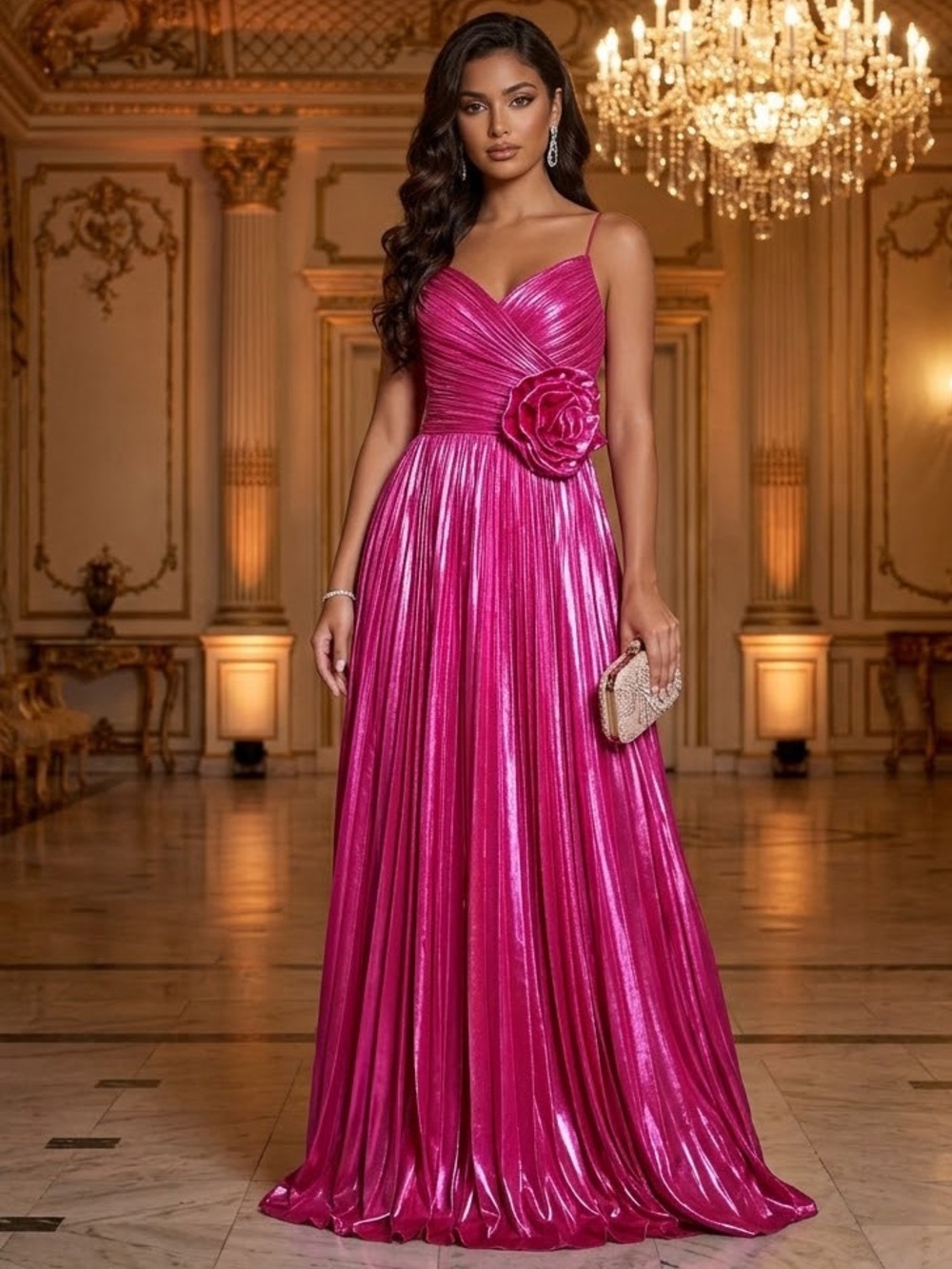 NWT Jovani Hot Pink Metallic V-Neck Spaghetti Strap Pleated A-Line Gown size 4